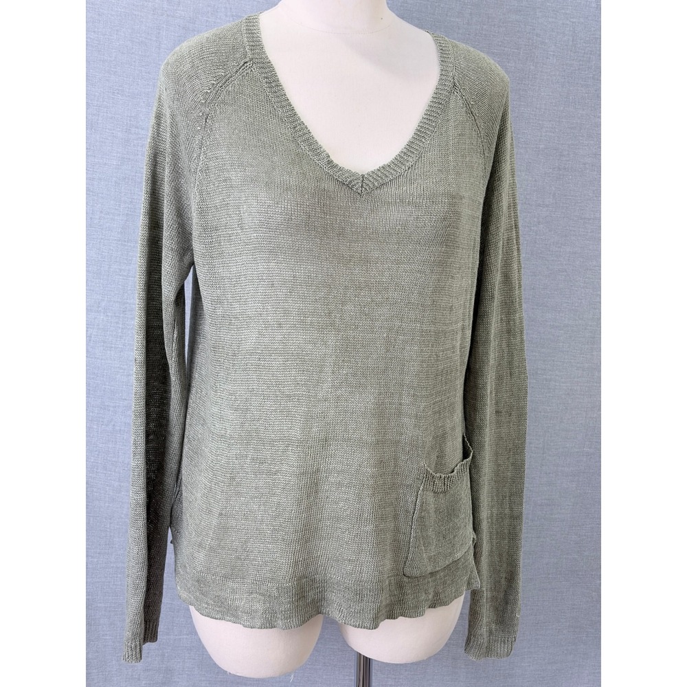 Eileen‎ Fisher 100% Linen Italian Yarn V-Neck Sweater Sage Olive Pocket S/P